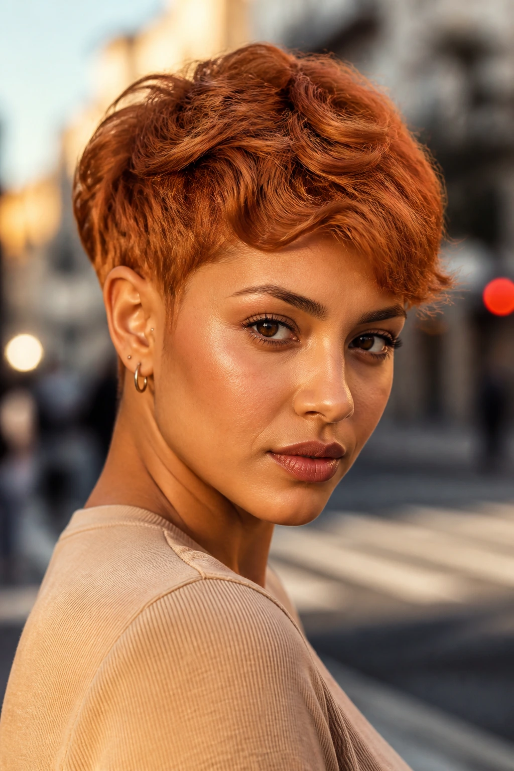 Close-up of a real woman with velvet copper pixie.