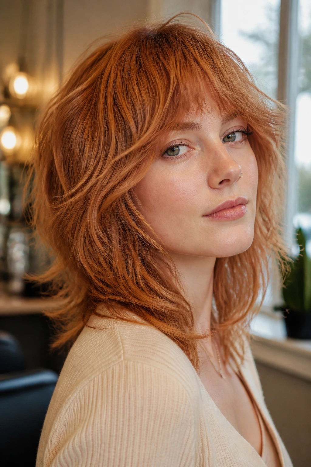 Close-up of a real person with Velvet Copper Strawberry Shag hairstyle in warm salon lighting