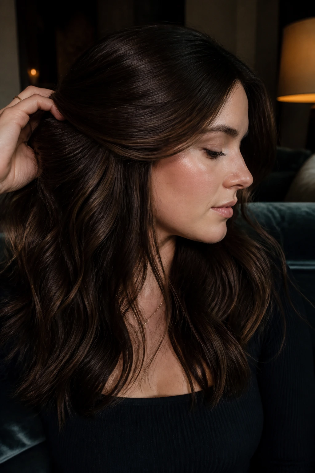 Portrait of a real woman with velvet espresso underlights adding depth.