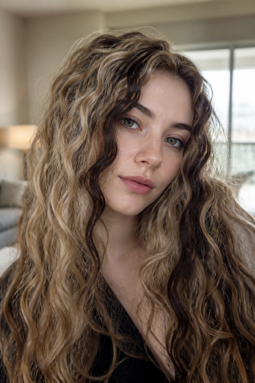 Close-up portrait of a real woman with a velvet espresso veil around the face