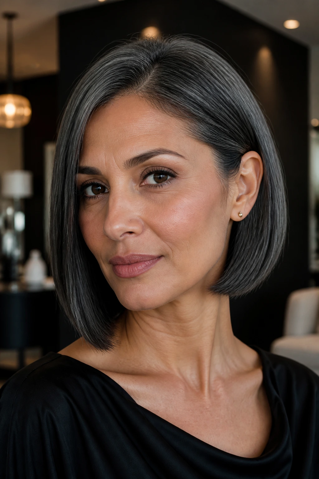 Close-up of a real woman with velvet graphite bob and glossy finish