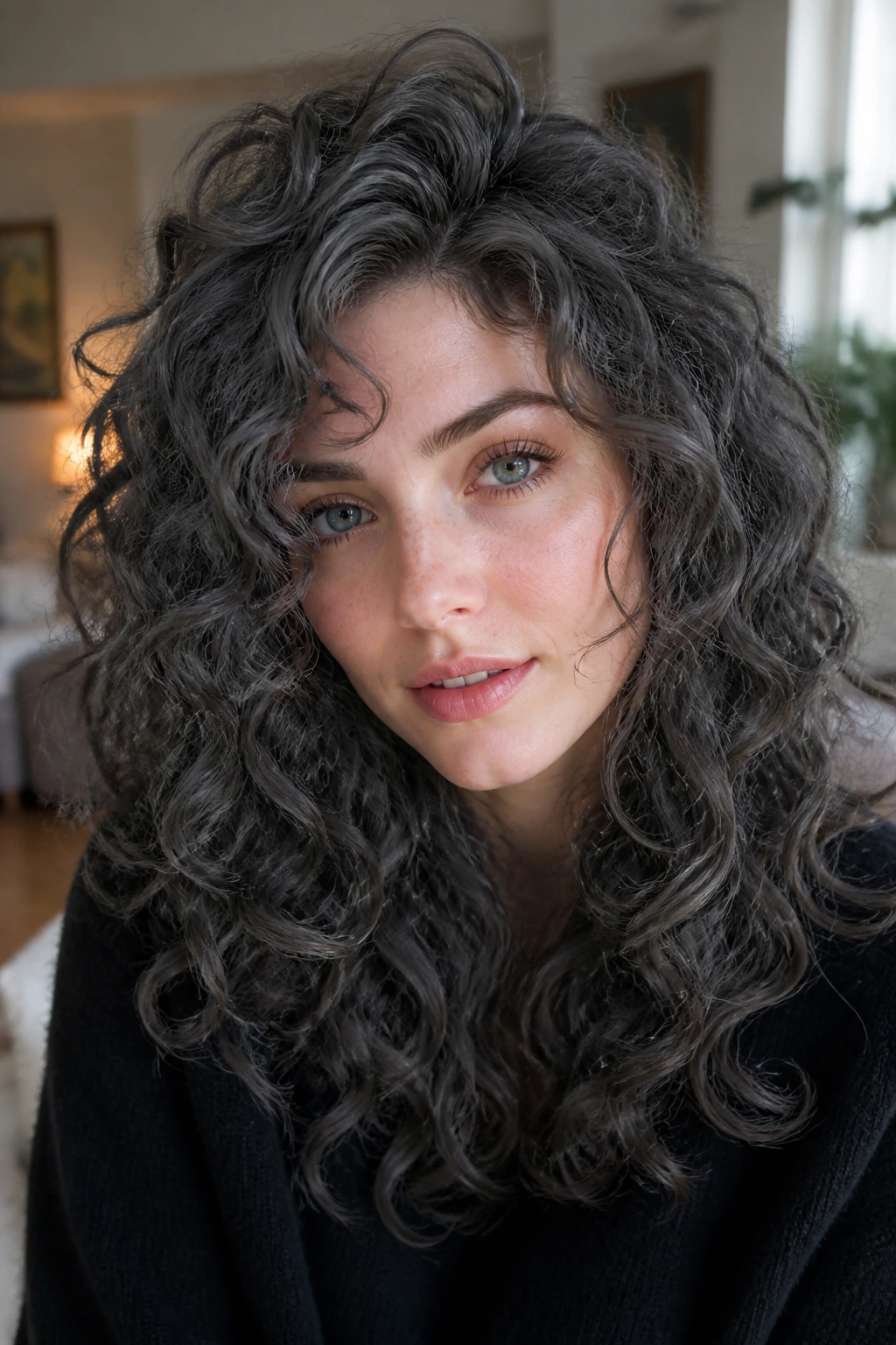 Close-up of velvet grey curls on a real person.