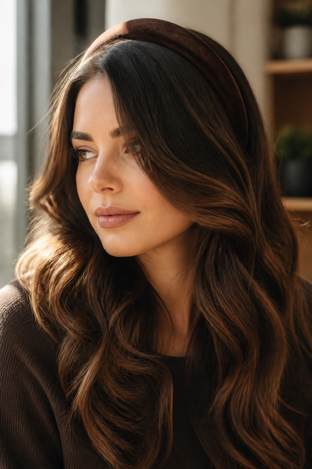Portrait of a woman with velvet headband and loose side-part waves