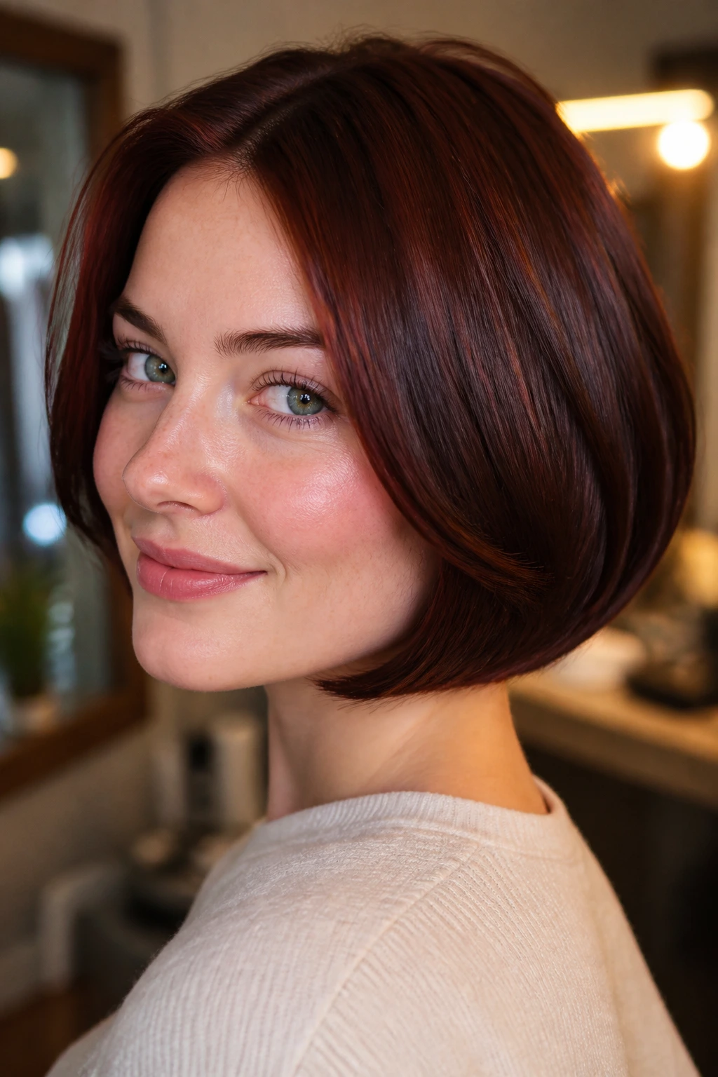 Chin-length bob with velvet mahogany gloss on a real person.