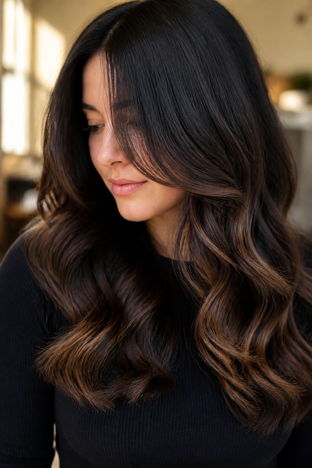 Close-up of a real woman's dark hair with velvet mocha ends and soft waves