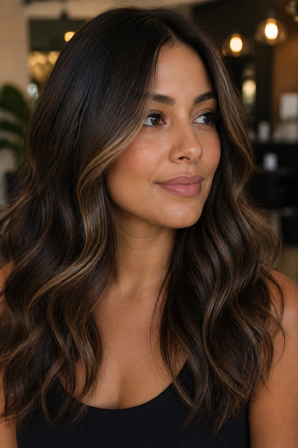 Close-up portrait of a woman wearing velvet mocha ribbons with front brightness on brunette-forward balayage.