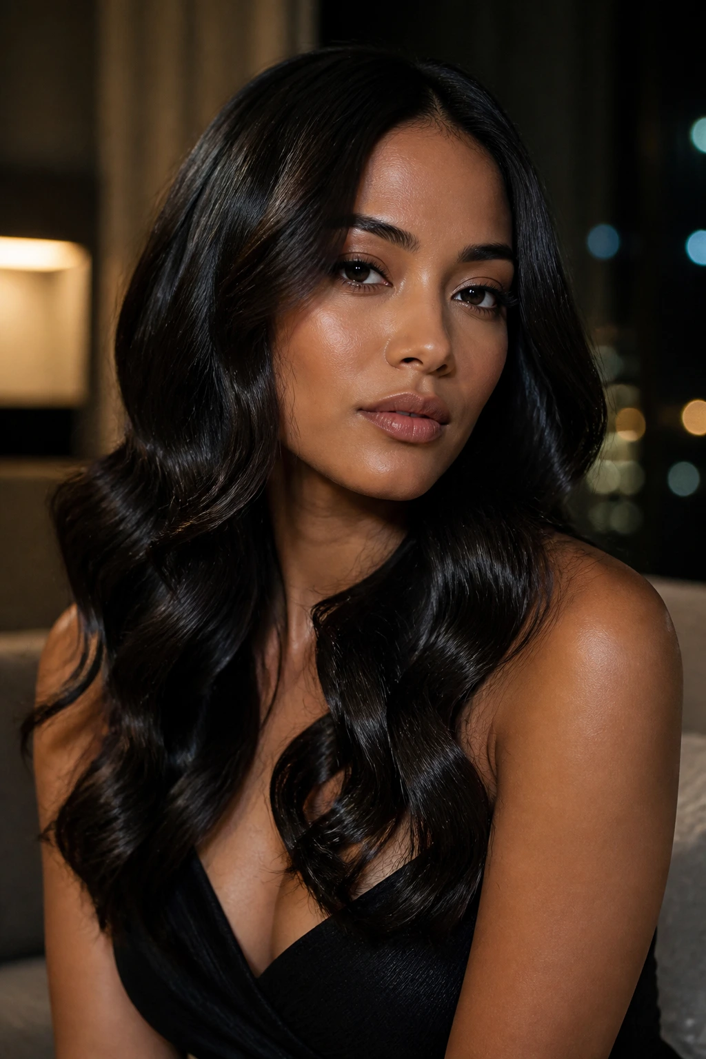 Close-up of a real woman's hair in velvet noir glossy waves on medium skin