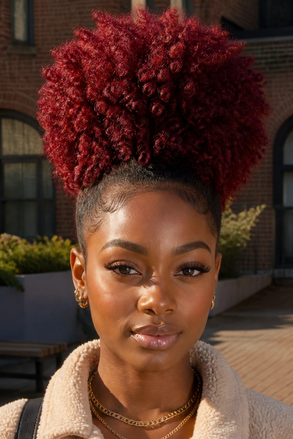Close-up of velvet red Afro puff on a real person.