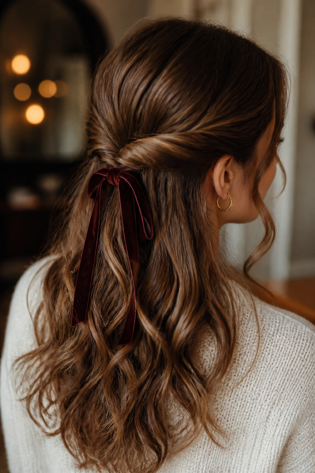 Close-up of a real woman with a velvet ribbon half-up twist.