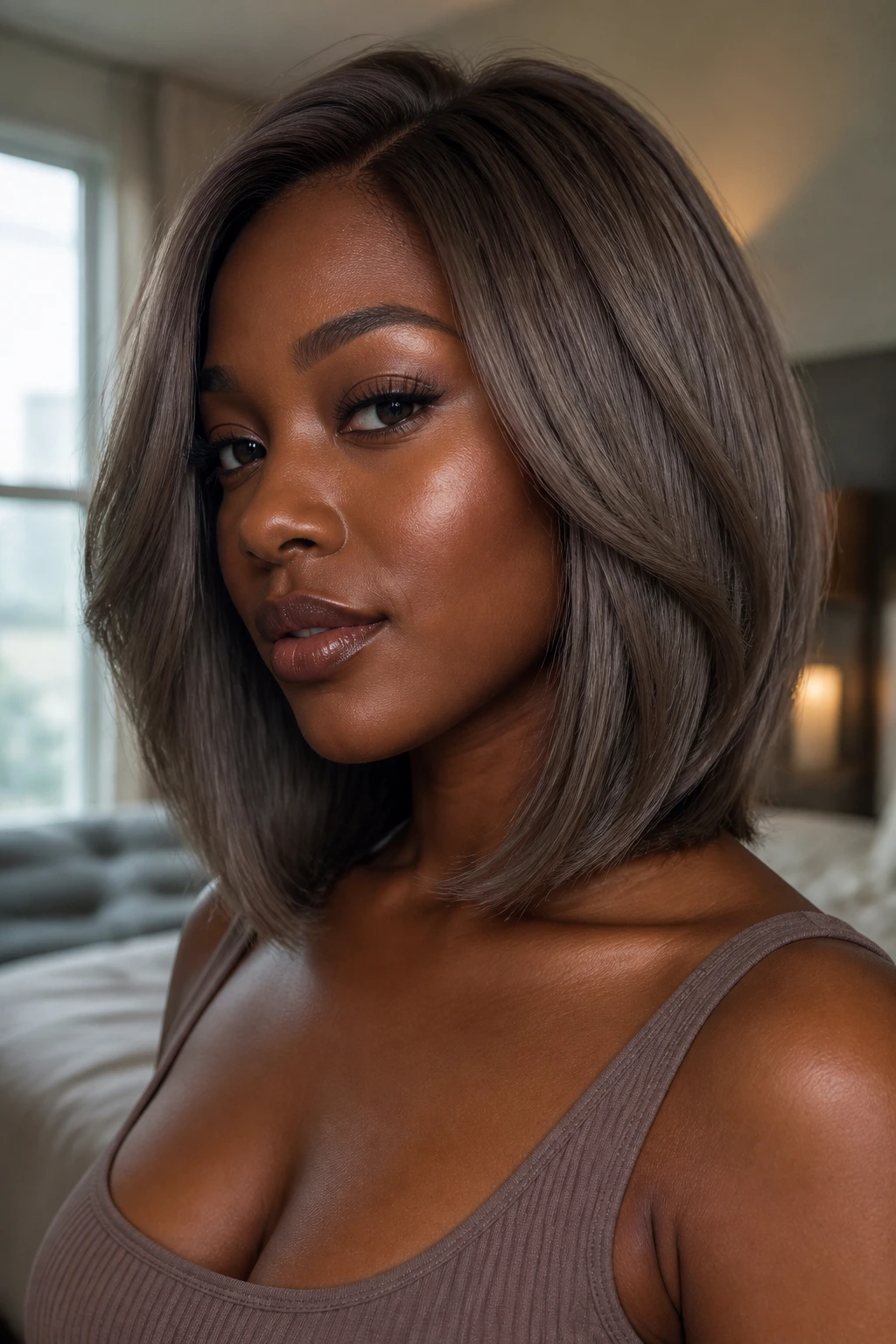 Close-up of a woman with velvet taupe layered lob under natural window light