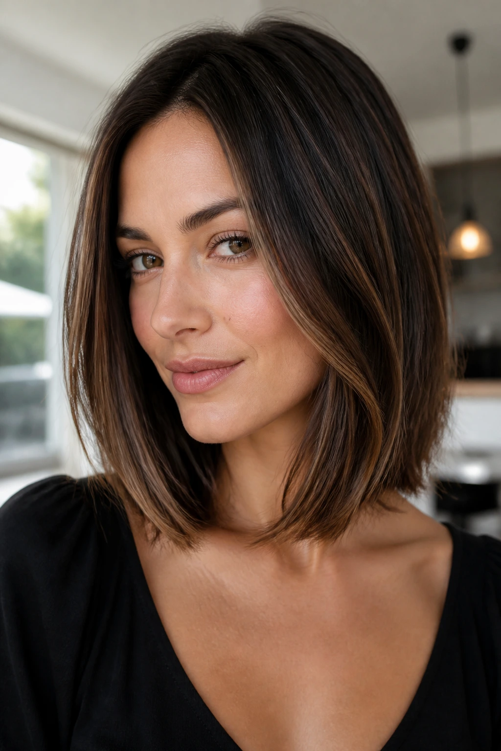 Portrait of a real woman with velvety brunette lob and subtle jawline highlights
