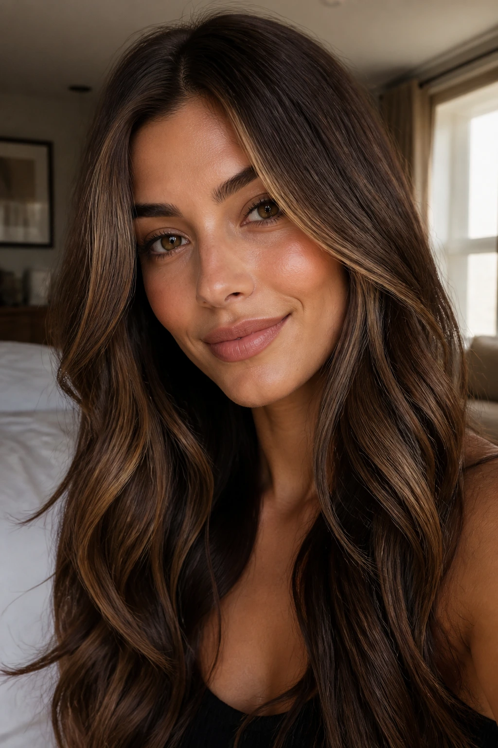 Close-up of a real woman with velvety cappuccino face-framing highlights in brunette hair