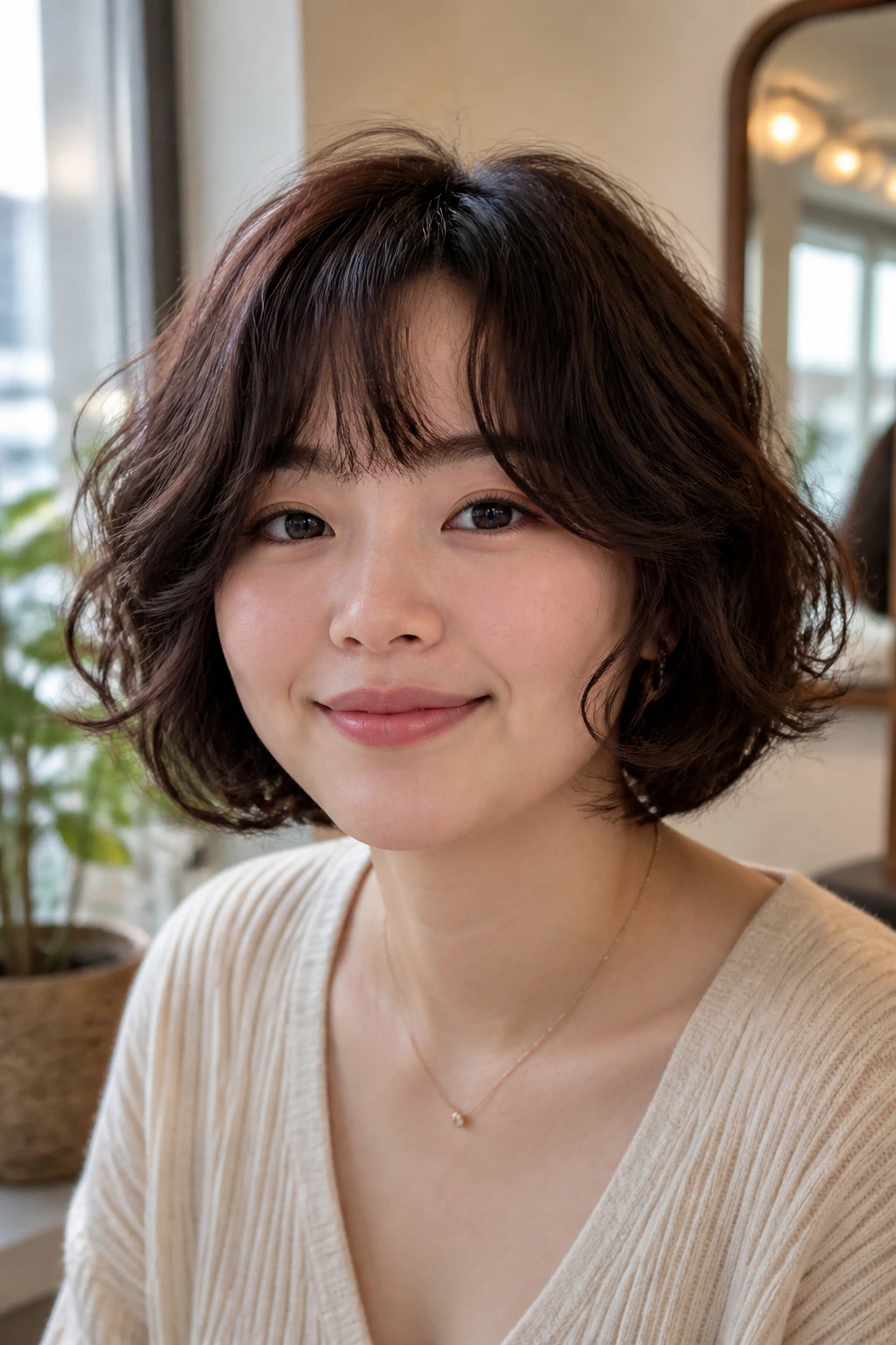 Close-up portrait of a real woman with a versatile bob for round faces