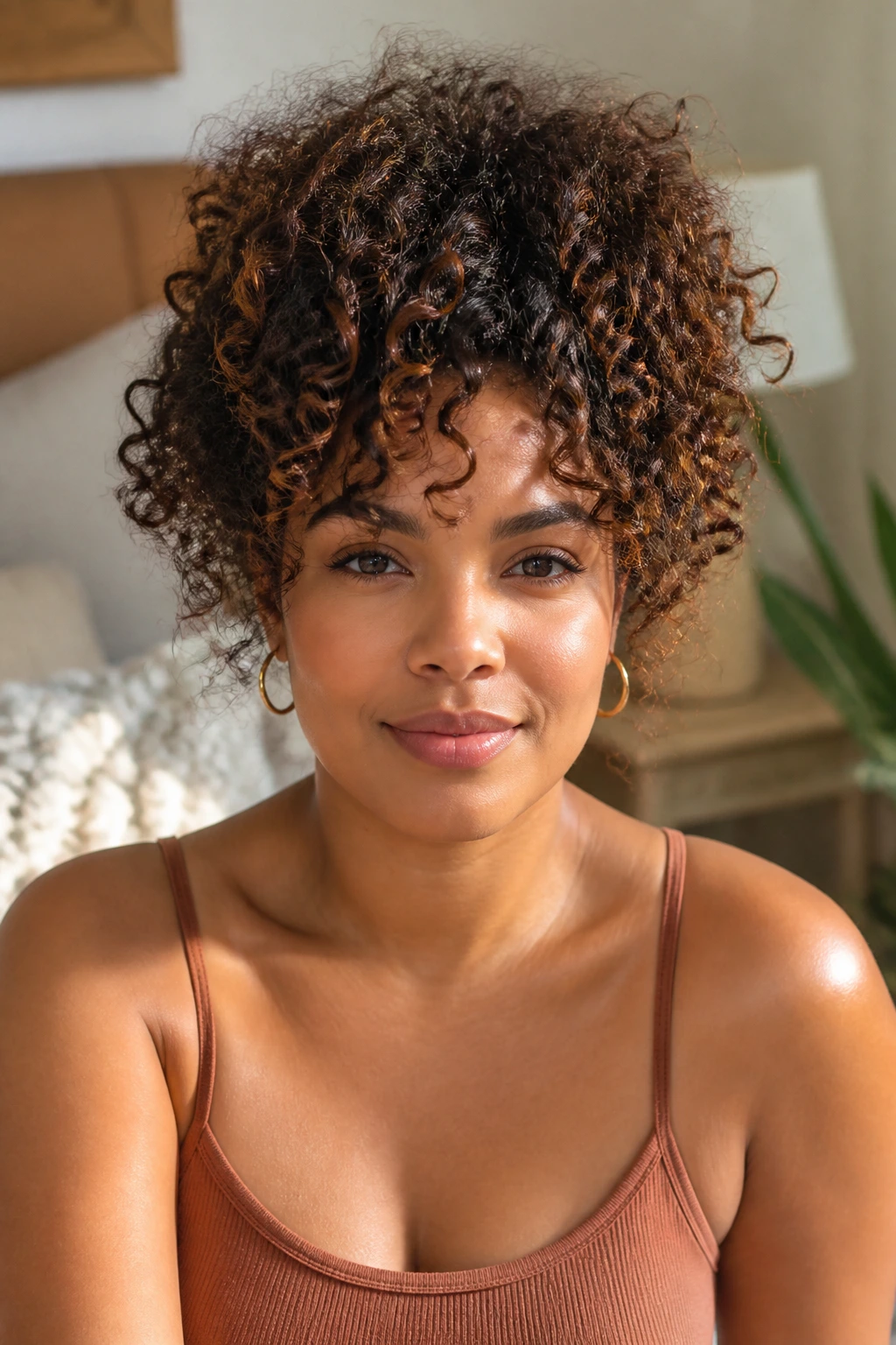 Close-up of a real person with softly curled hair showing versatile hair goals in a cozy bedroom