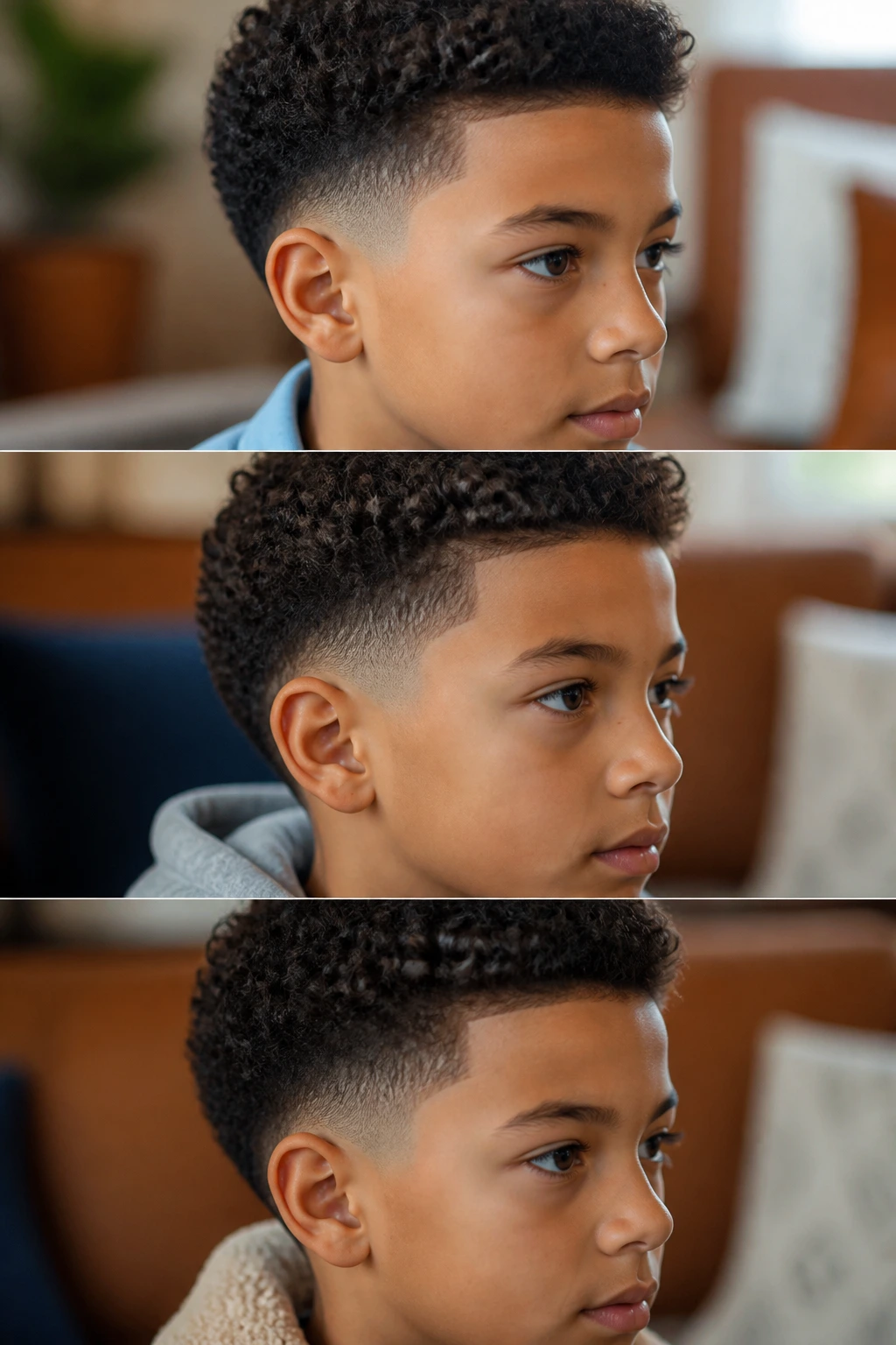 Close-up portrait of a child with curly hair in a versatile low taper fade