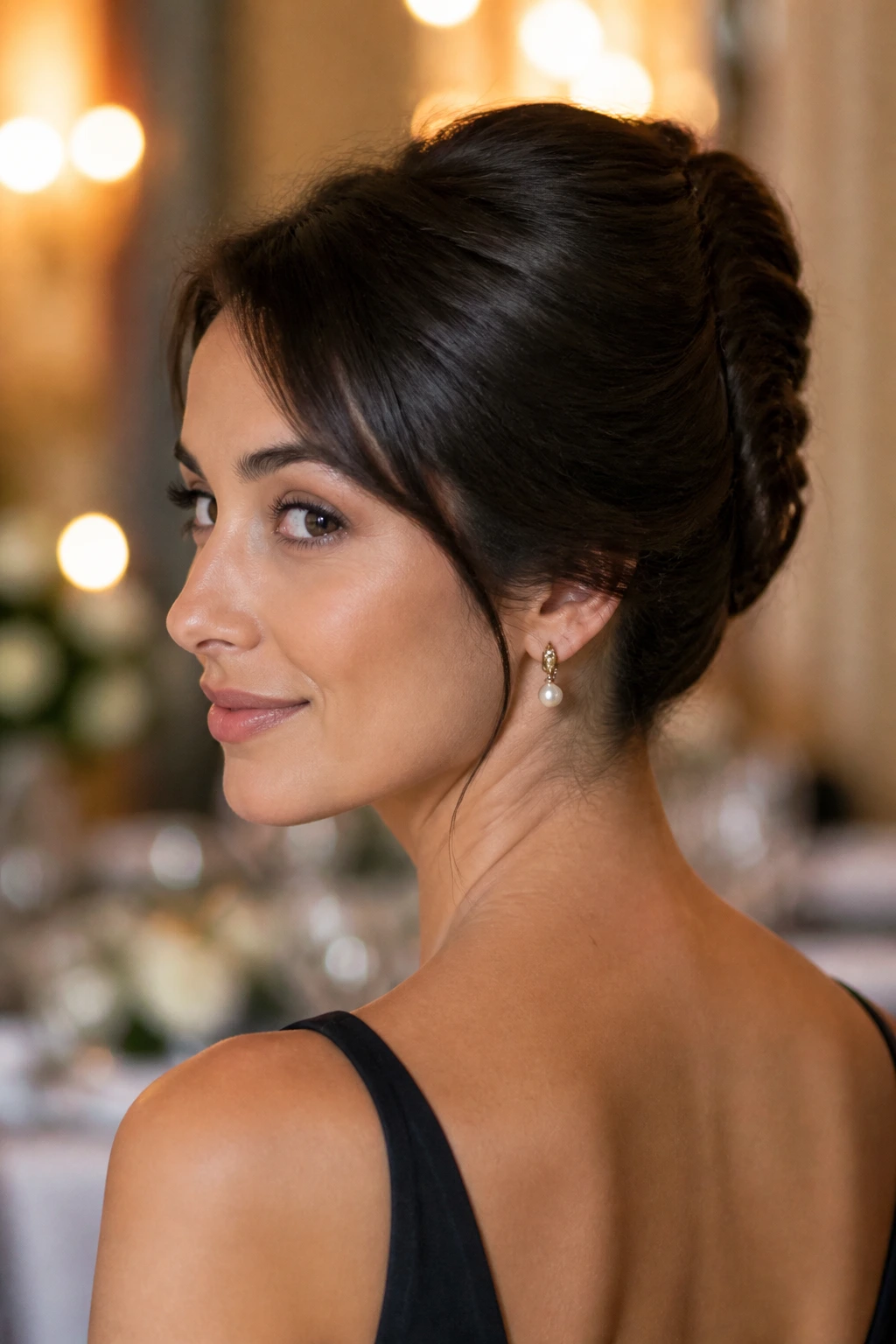 Close-up of a real person wearing a versatile French Twist in an elegant setting