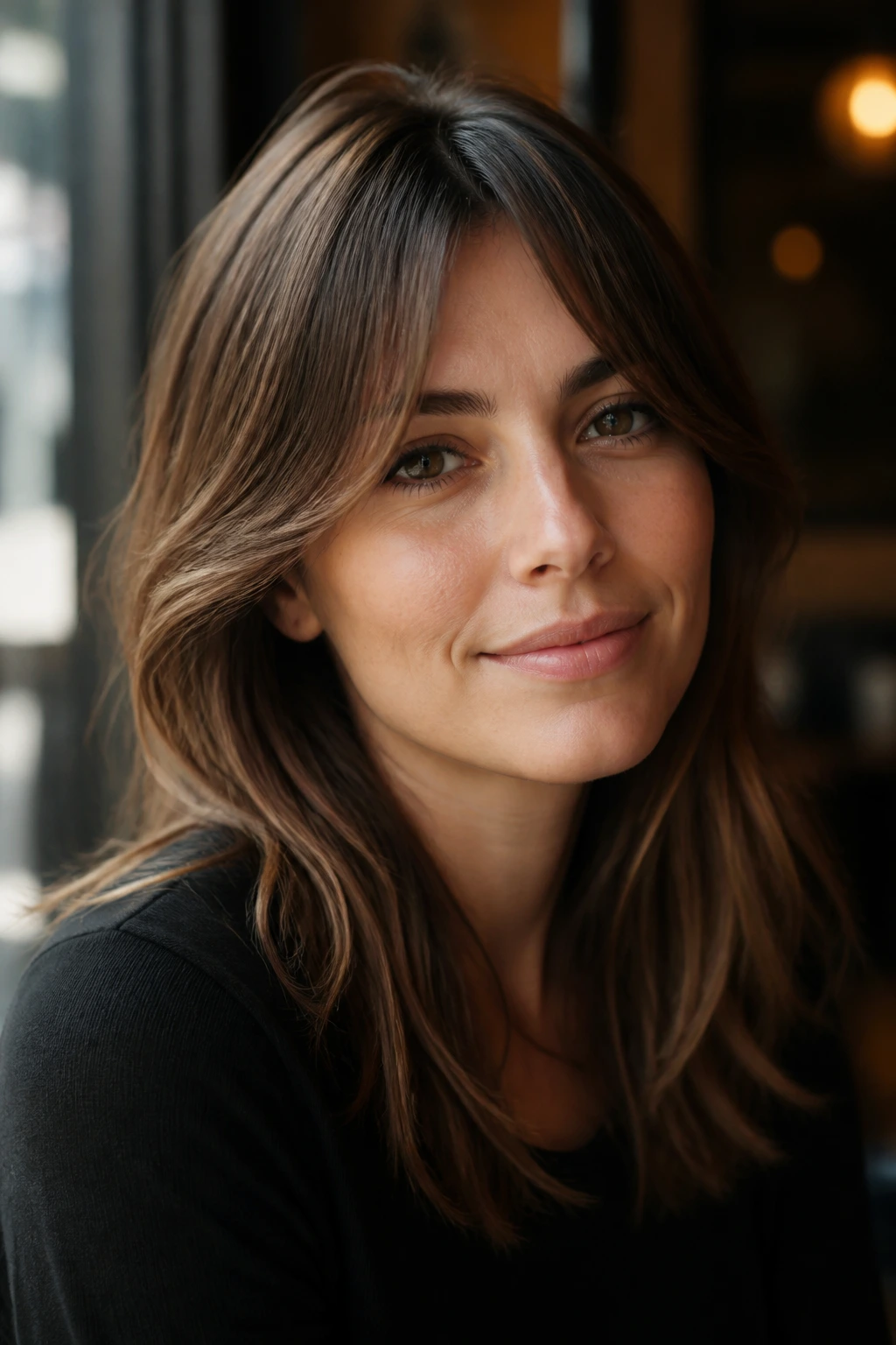 Portrait of a woman with a versatile center-open fringe