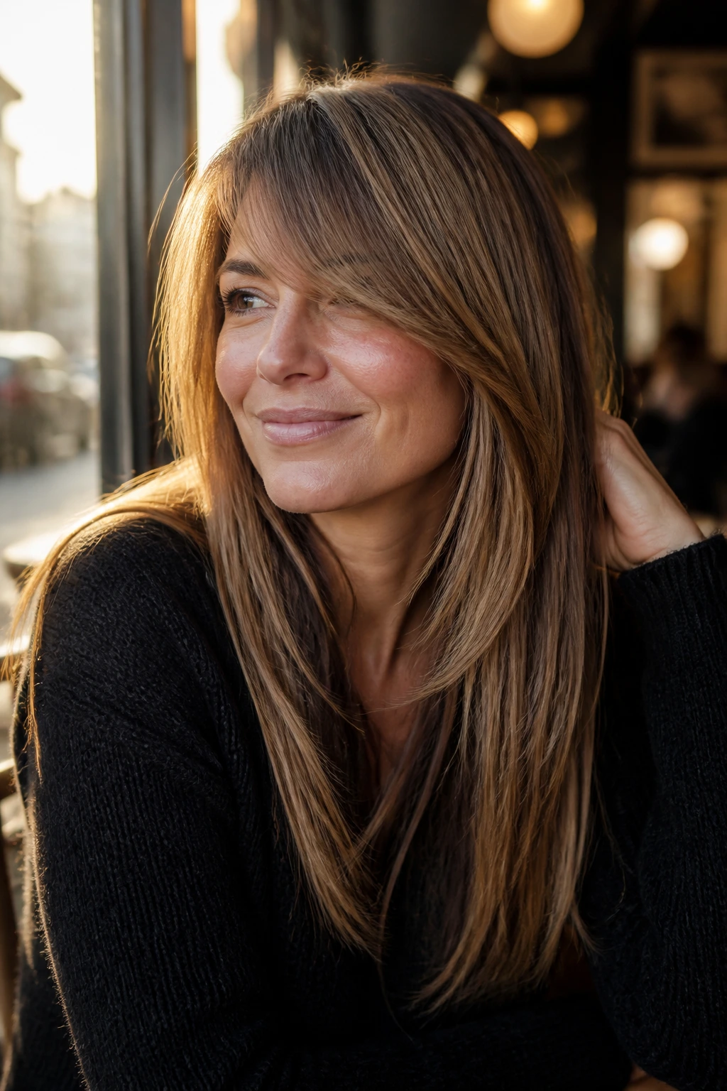 Real woman with versatile long layered bangs framed by side-swept fringe