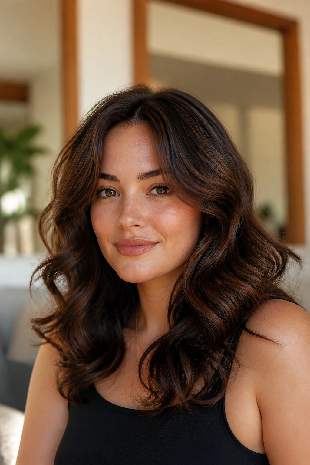 Portrait of woman with thick waves in a polished version hairstyle