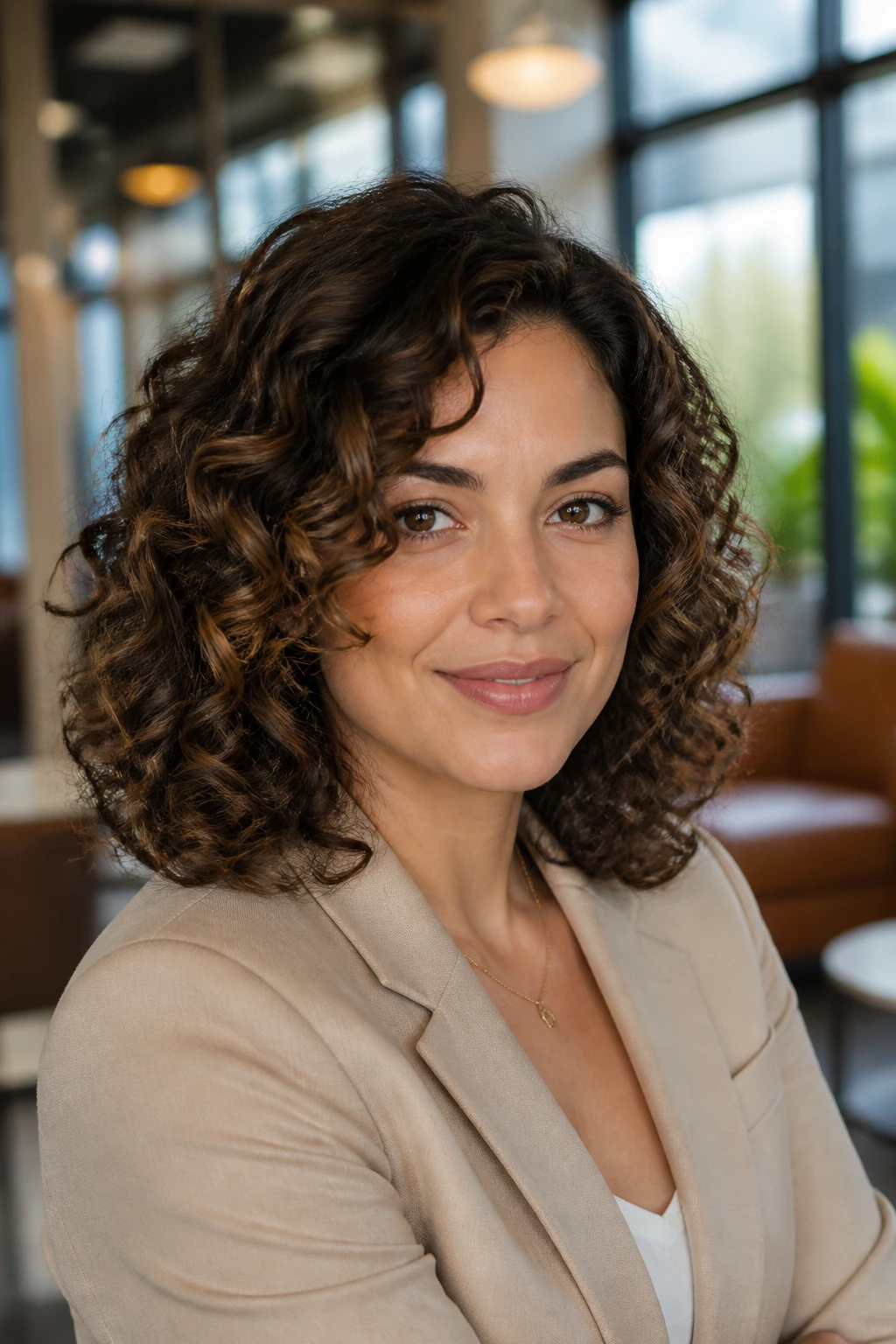 Close-up of a woman with a versatile curly lob in an office setting
