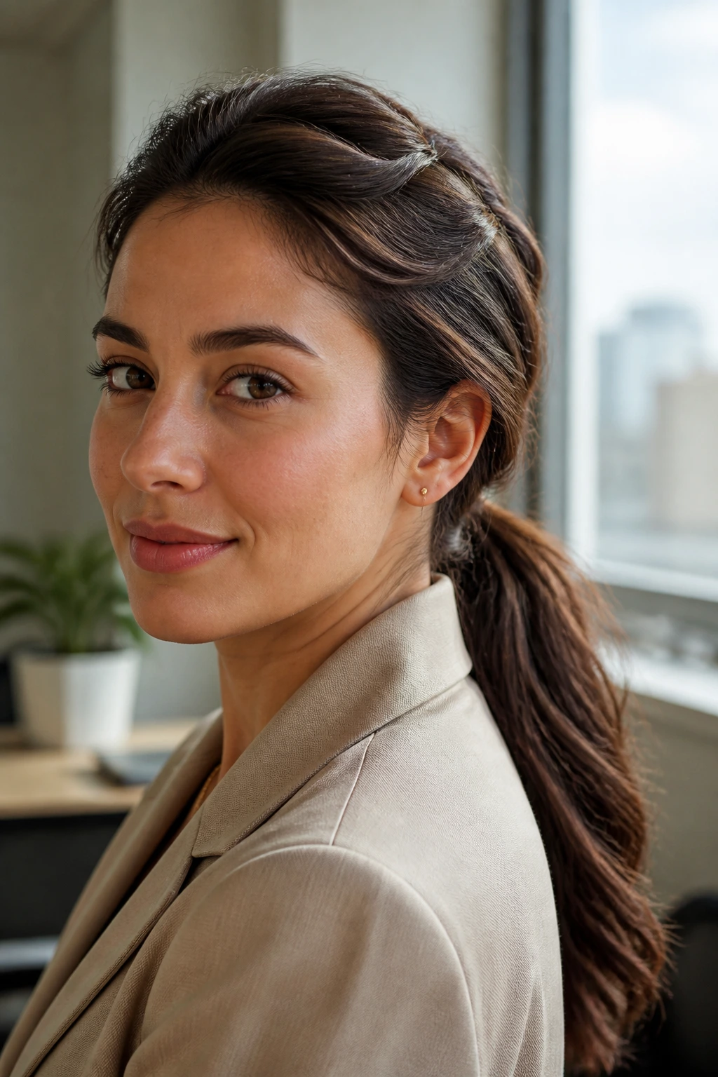 Close-up of a real woman with a low ponytail and crown twist