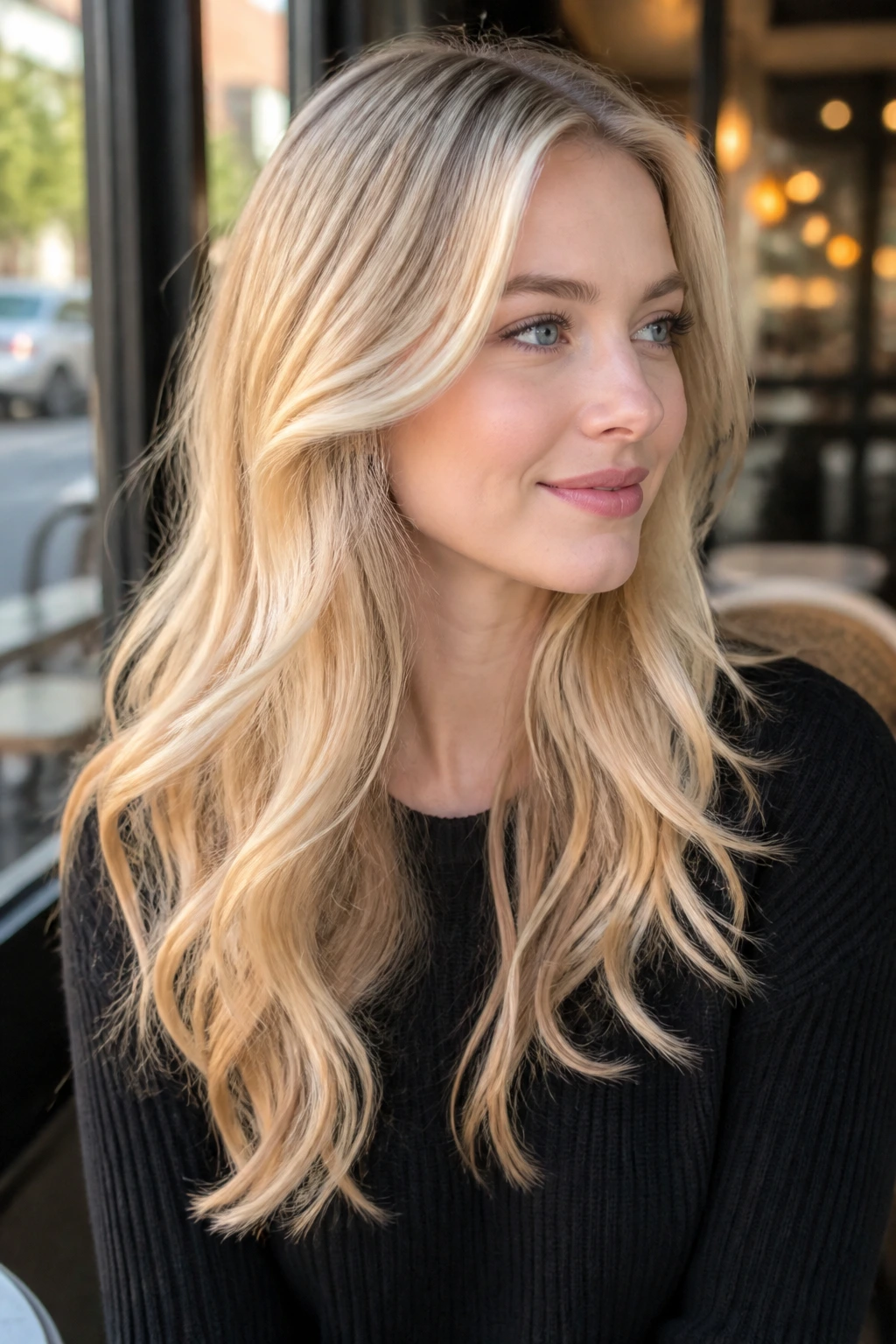 Portrait of a blonde-haired person with versatile long hairstyle in casual to dressy setting