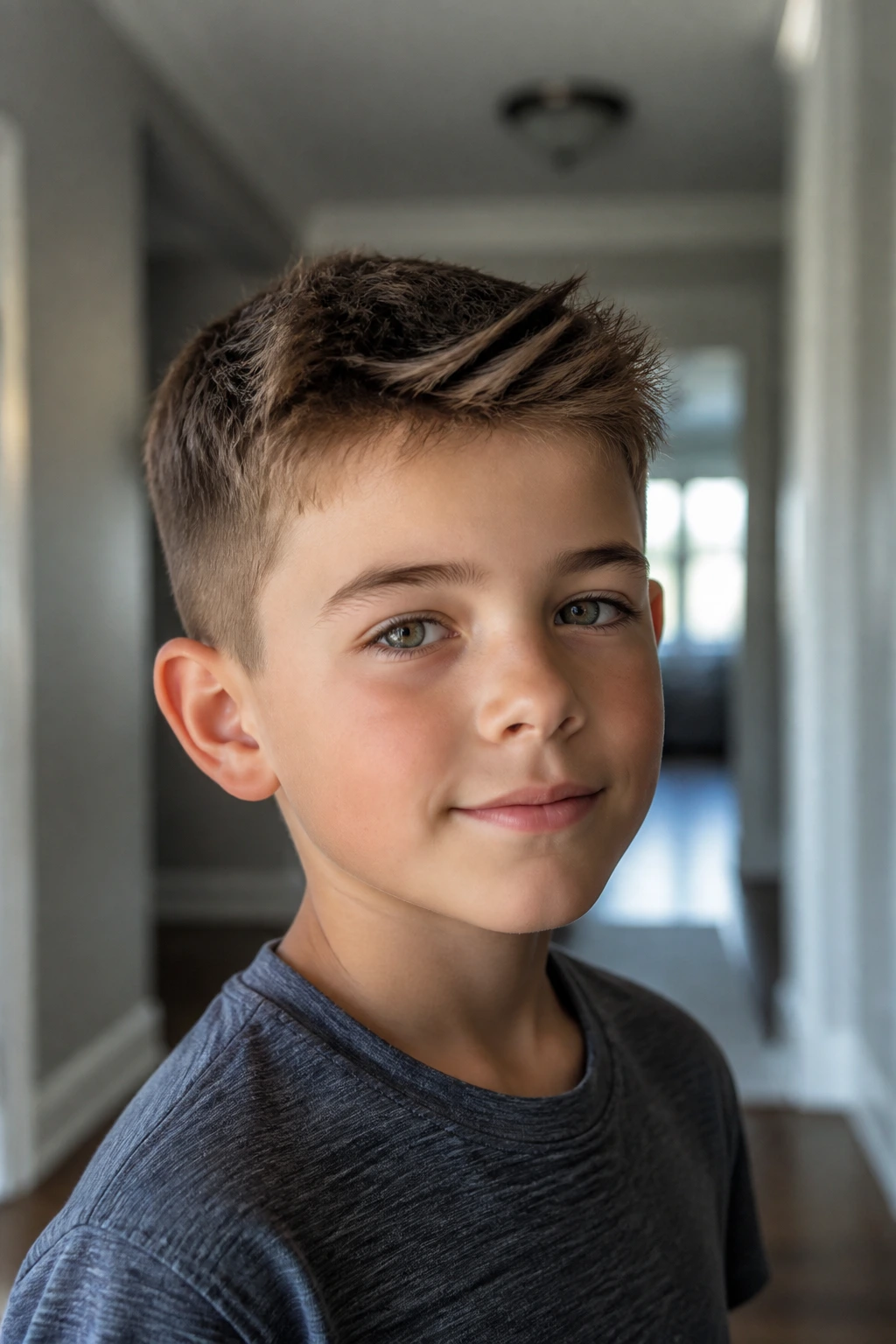 Close-up portrait of a boy with a short textured crop showing versatility in a home setting