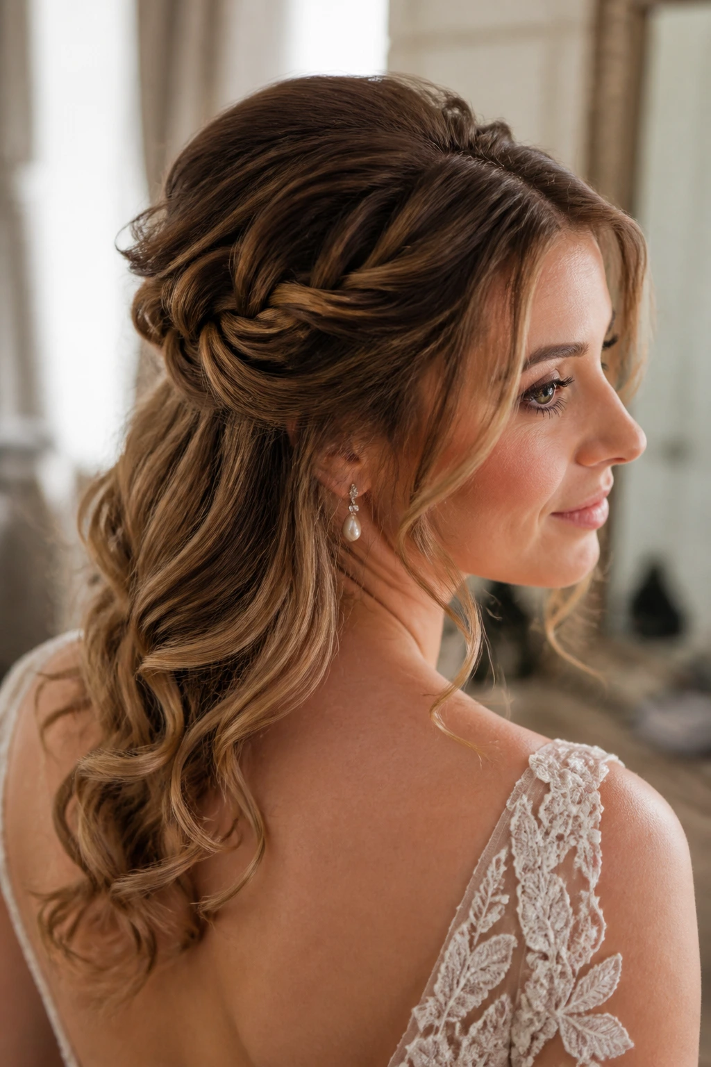 Close-up of bride with versatile updo and soft waves in bridal-suite lighting