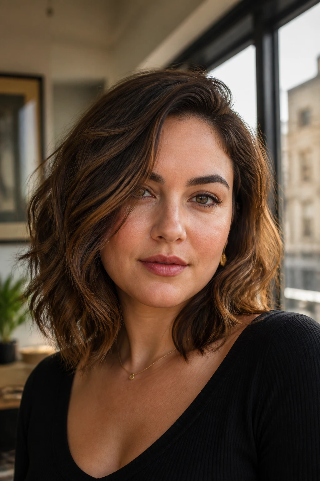 Close-up portrait of a real woman with versatile wavy mid-length haircut shaping away from cheeks