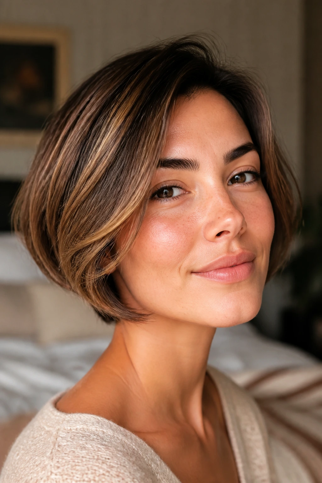 Close-up portrait of a real woman with a very short bob in warm window light