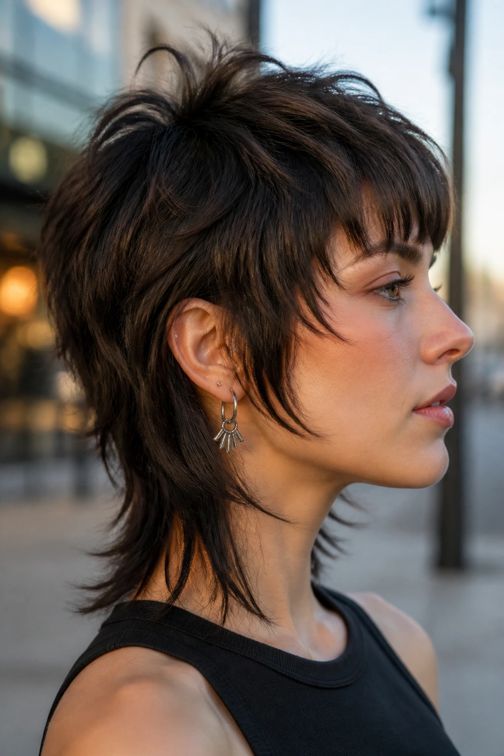 Close-up of a person with very short shag on medium hair