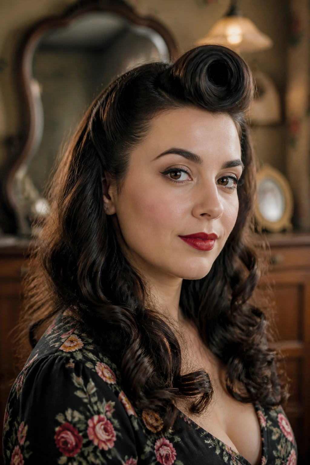 Close-up of a woman with a front victory roll and open curls.