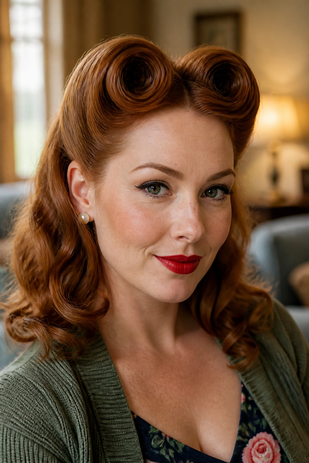 Close-up portrait of a real woman with victory rolls and soft ends in warm window light