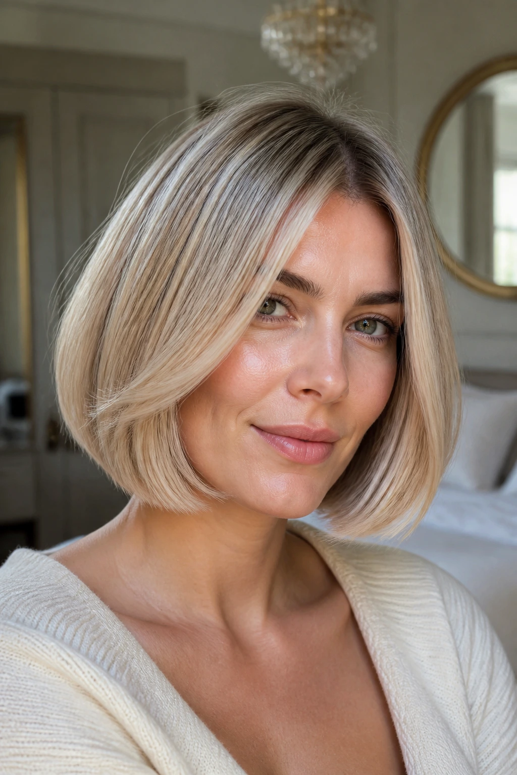 Portrait of a real woman with Viennese polished bob just below the jaw in beige-shadow blonde