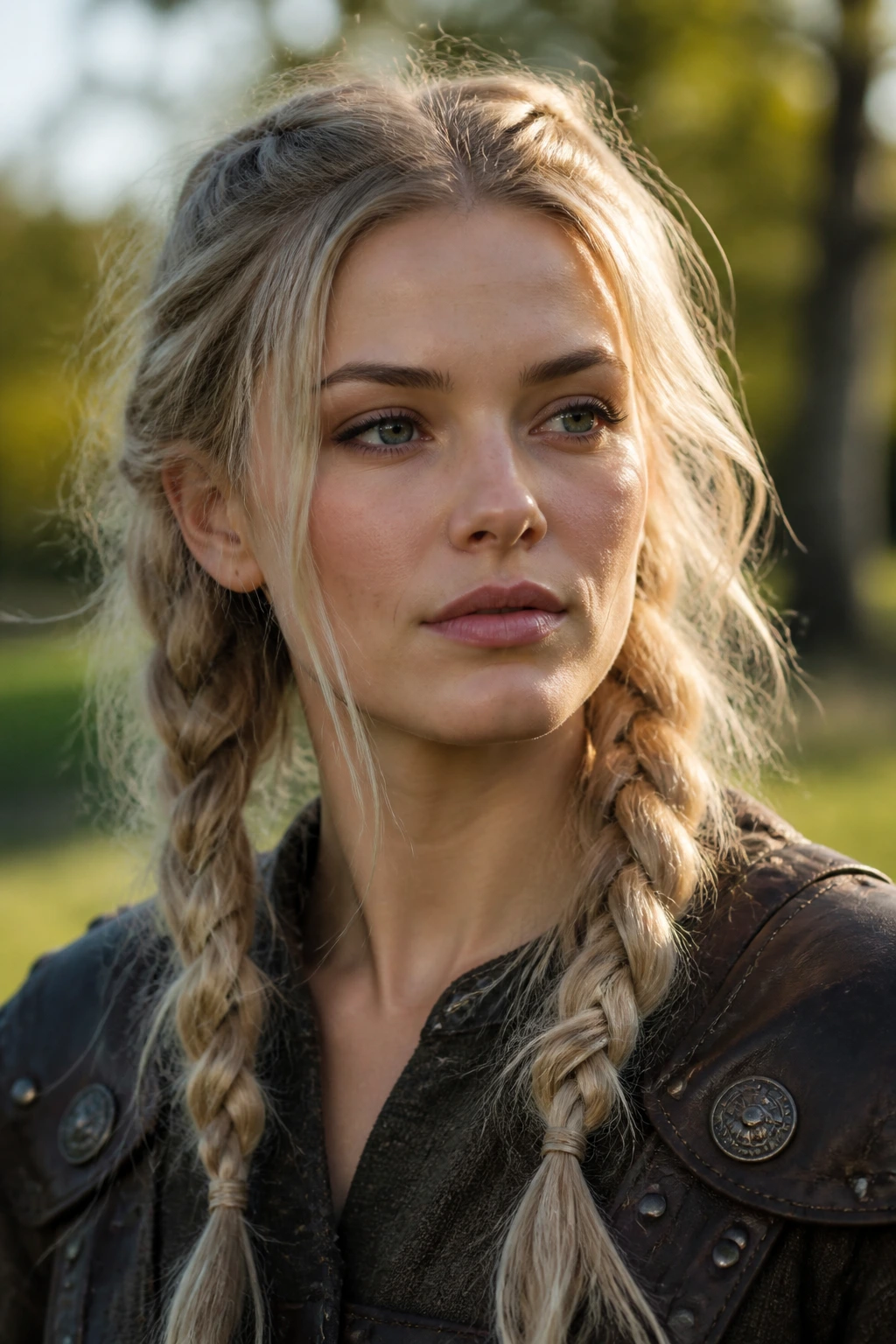 Close-up of a woman with two loose Viking-style pigtails in a sunlit park.