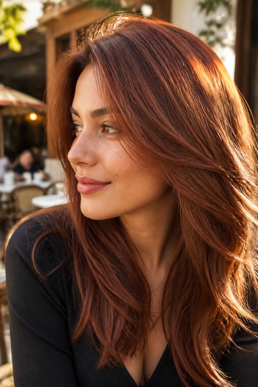 Close-up portrait of a real woman with vintage auburn strawberry color