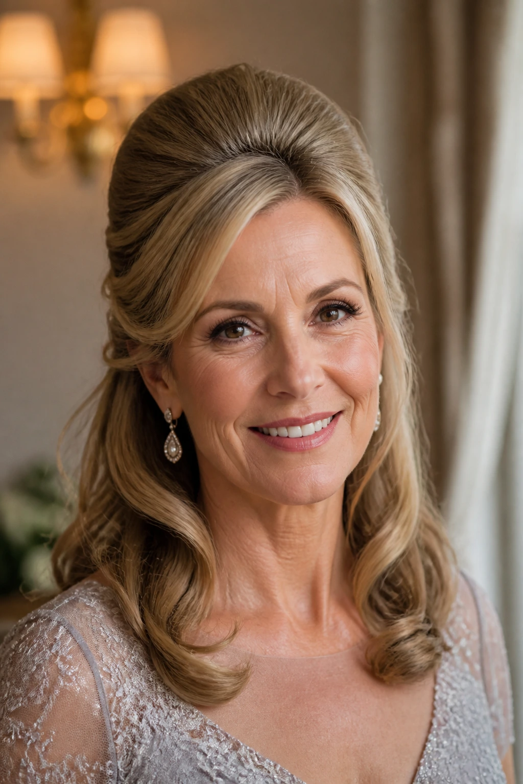Close-up of a real woman with a vintage bouffant half-up hairstyle