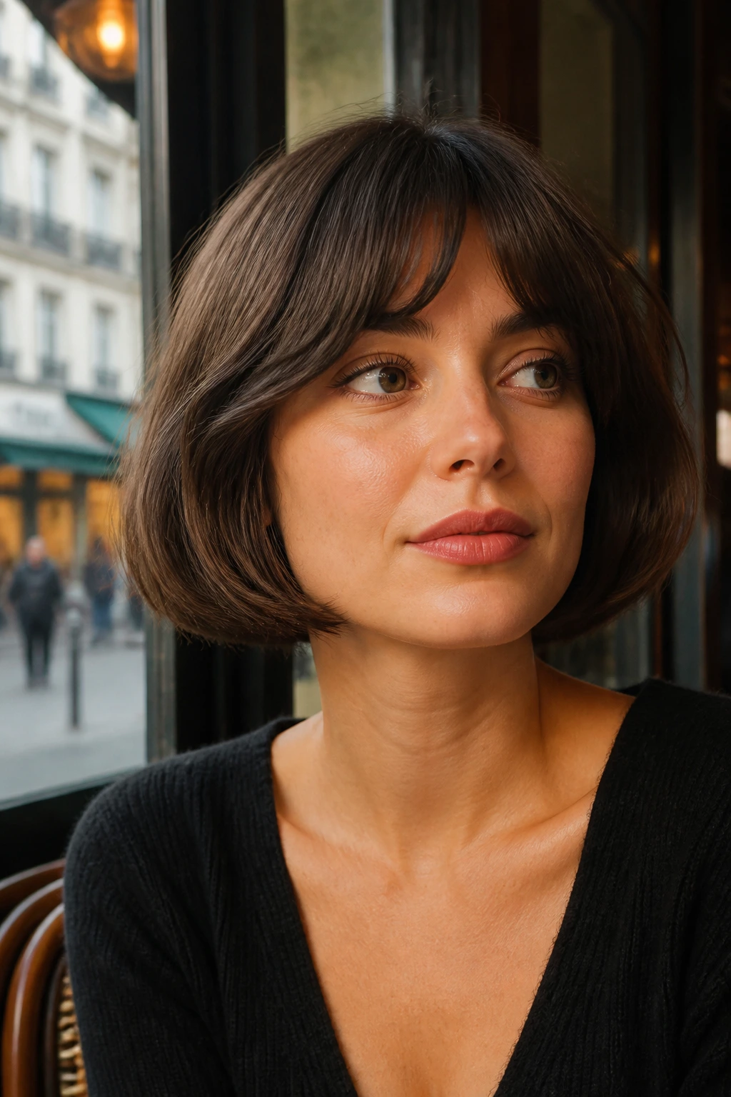 Close-up of a woman with a chin-length vintage-inspired bob in a warm cafe setting