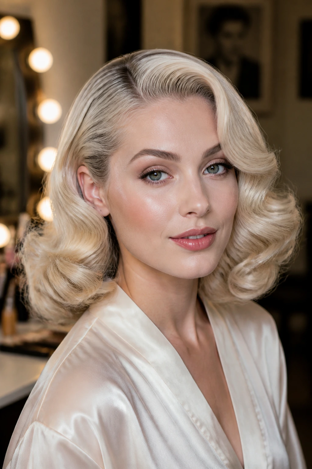Portrait of a woman with vintage side-part curls in cool blonde tones