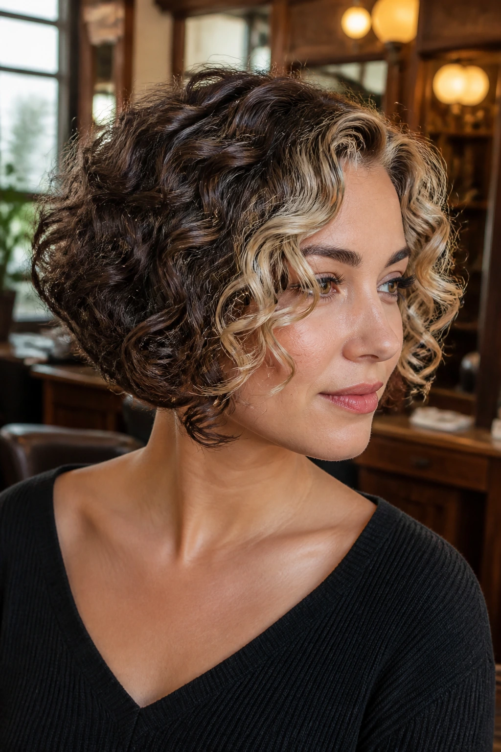 Real person with vintage curly bob and high-contrast front lights