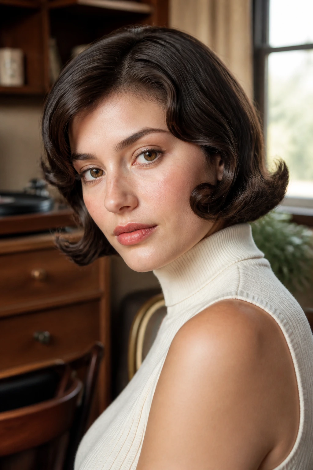 Close-up of vintage flip bob with outward flipped ends