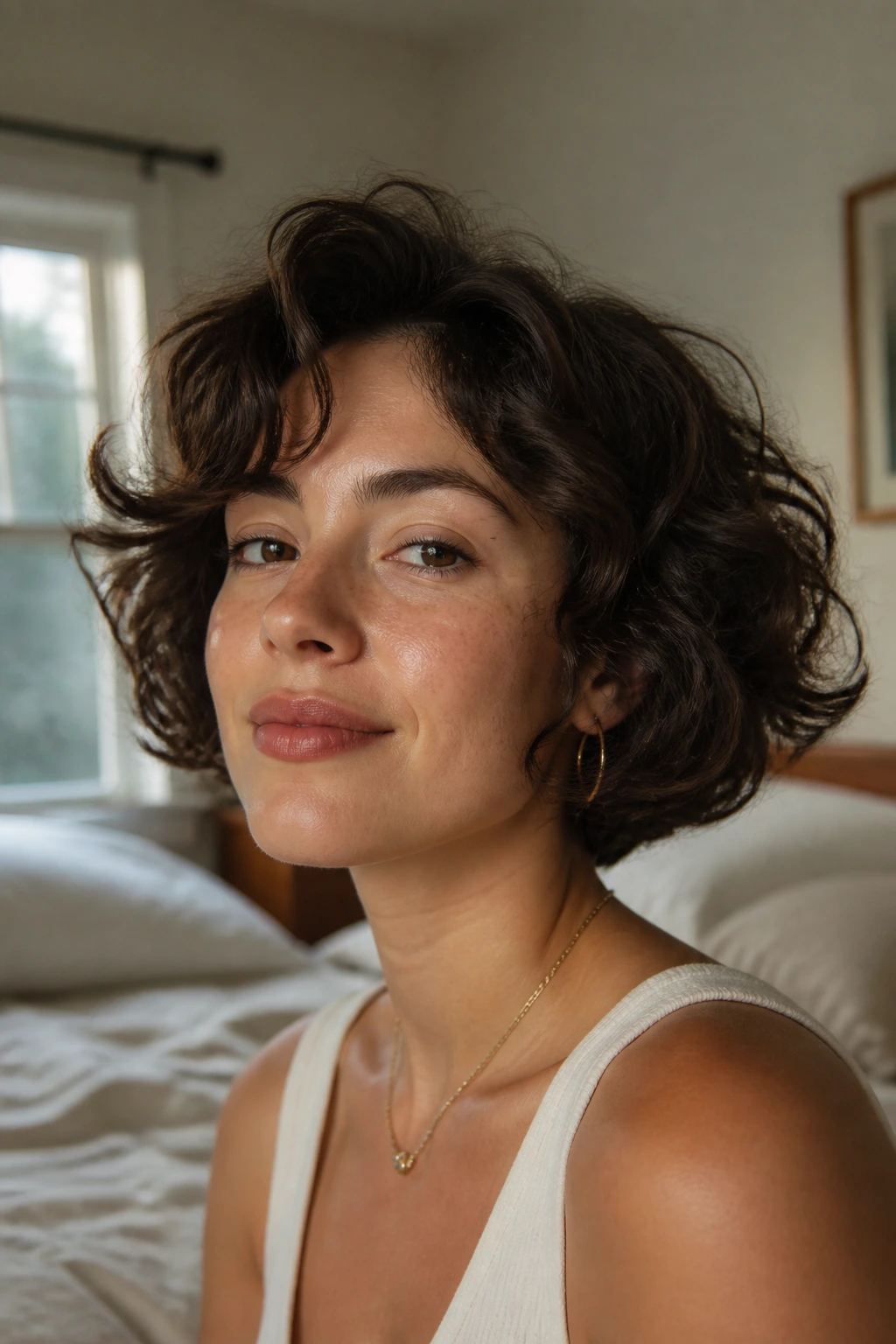 Close-up photo of a real woman showcasing a vintage flip bob with outward flipped ends.