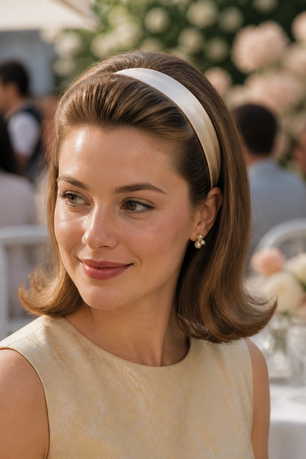 Close-up of a woman with vintage flip ends and satin headband