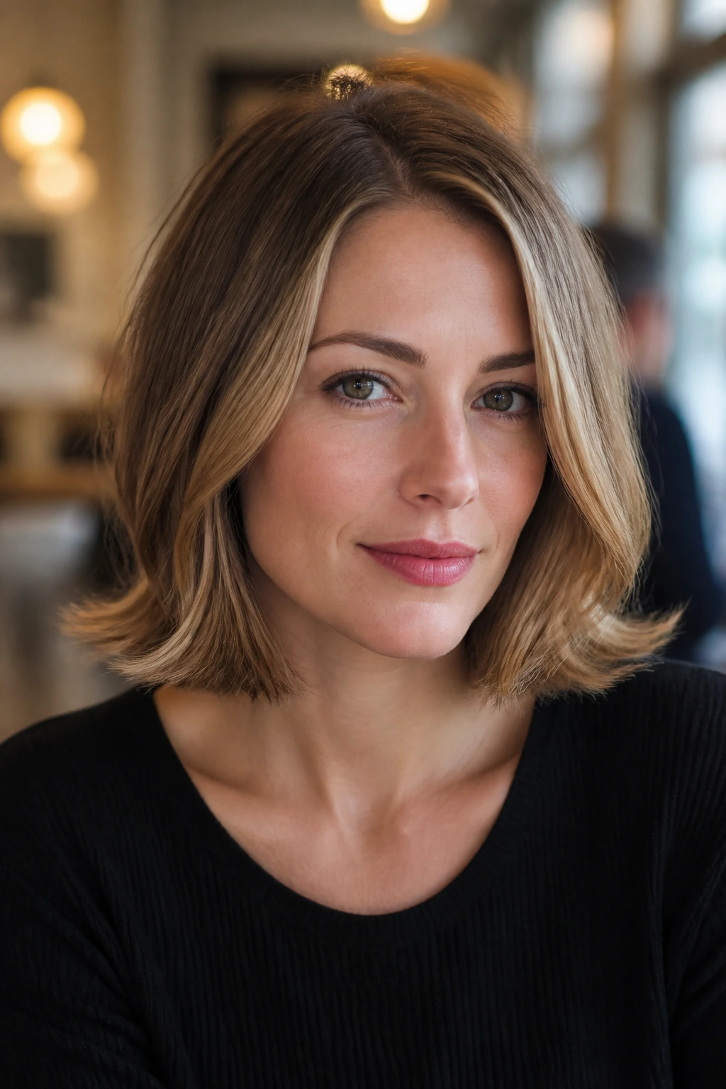 Close-up of a real woman with a vintage flip-out lob and outward flip