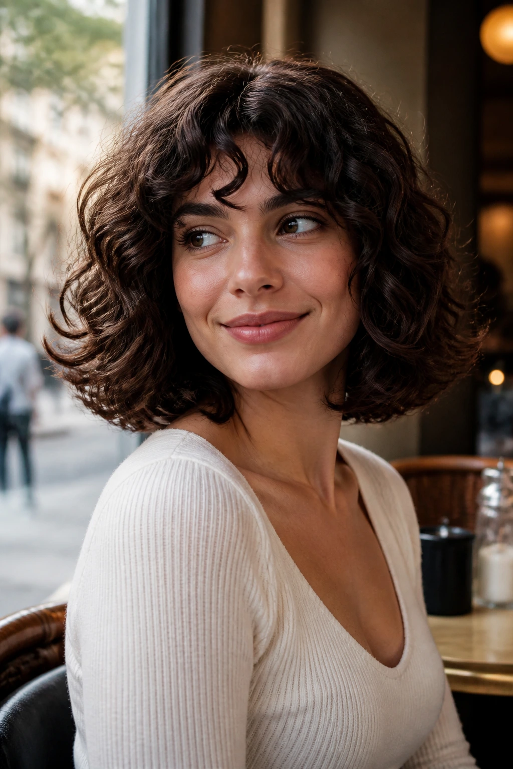 Three-quarter view of a real woman's vintage flip-out curly lob