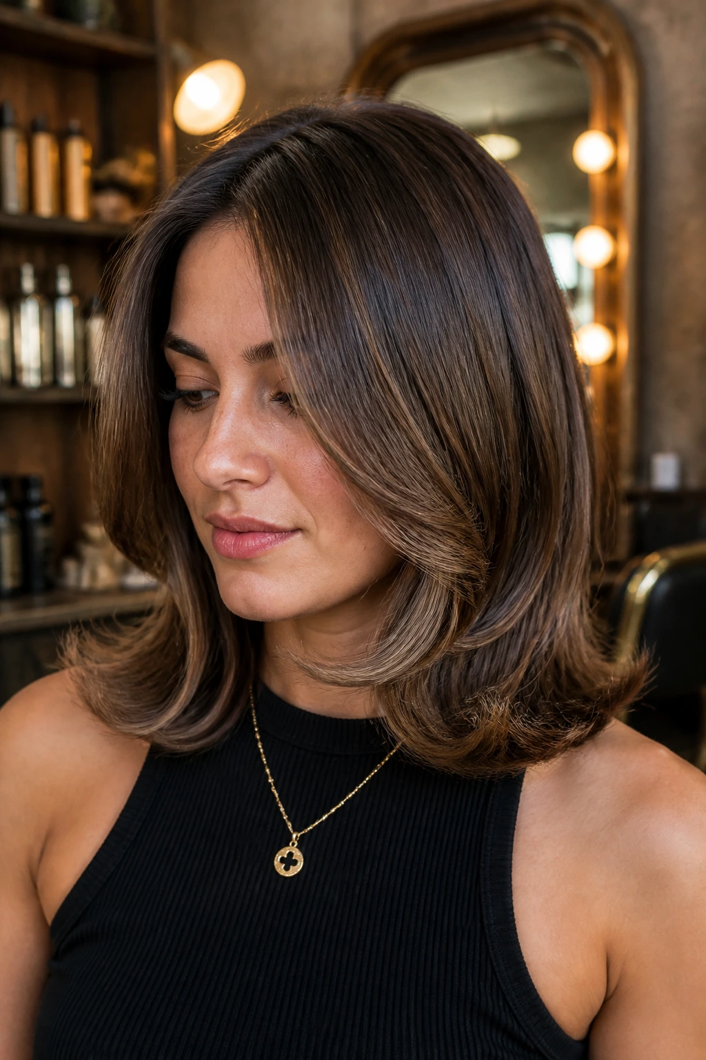 Portrait of a real woman with vintage flip and glossy root melt.