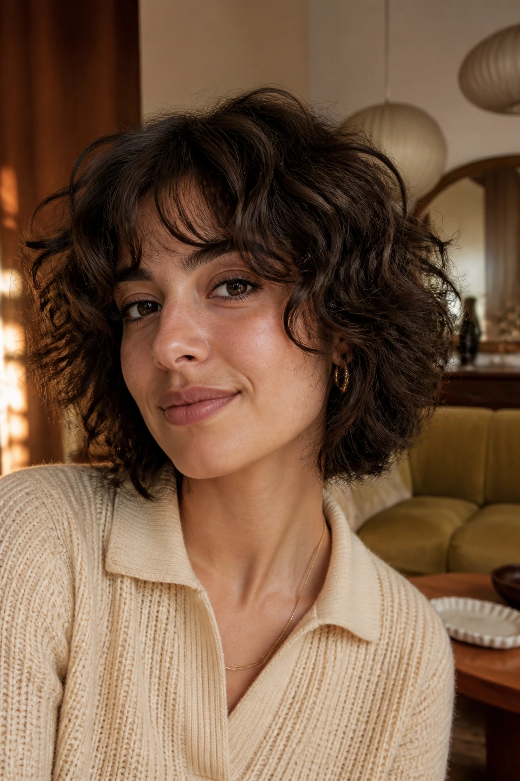 Close-up portrait of a real person with vintage fluffy shag bob and curtain bangs