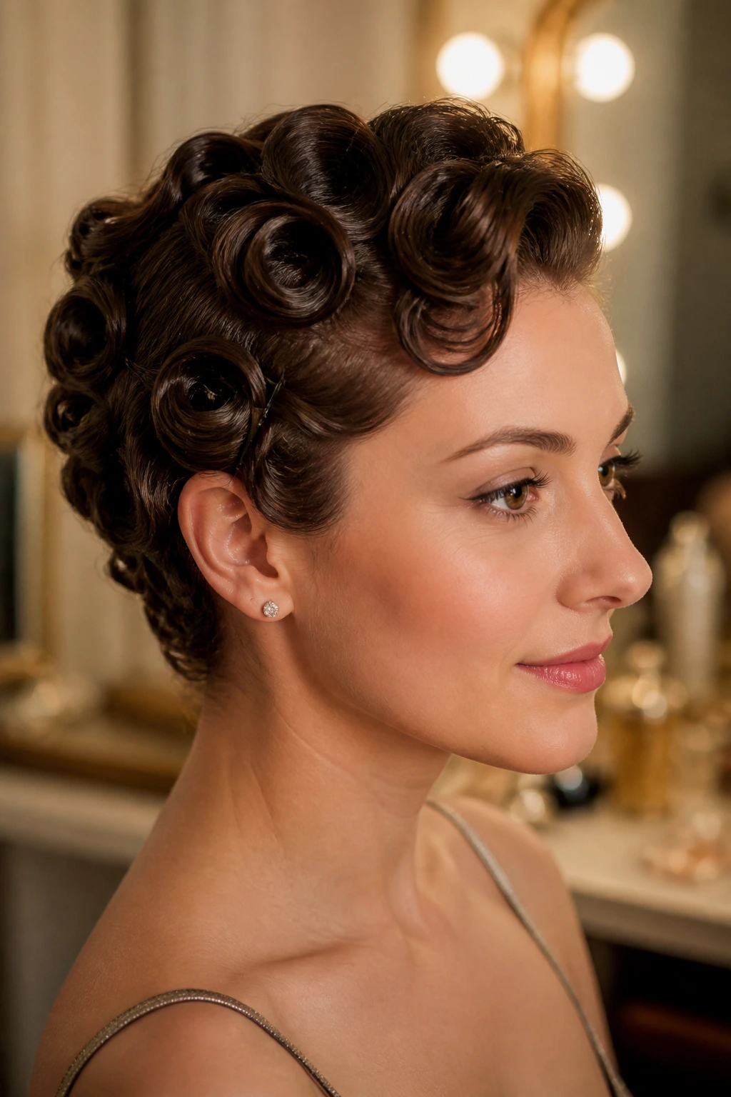 Close-up portrait of a real woman with vintage pin curls on short hair