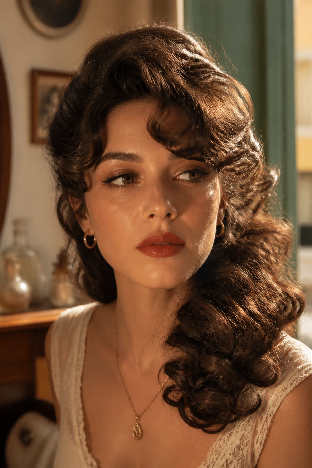 Close-up of a real woman with vintage side-swept curls and curtain bangs.