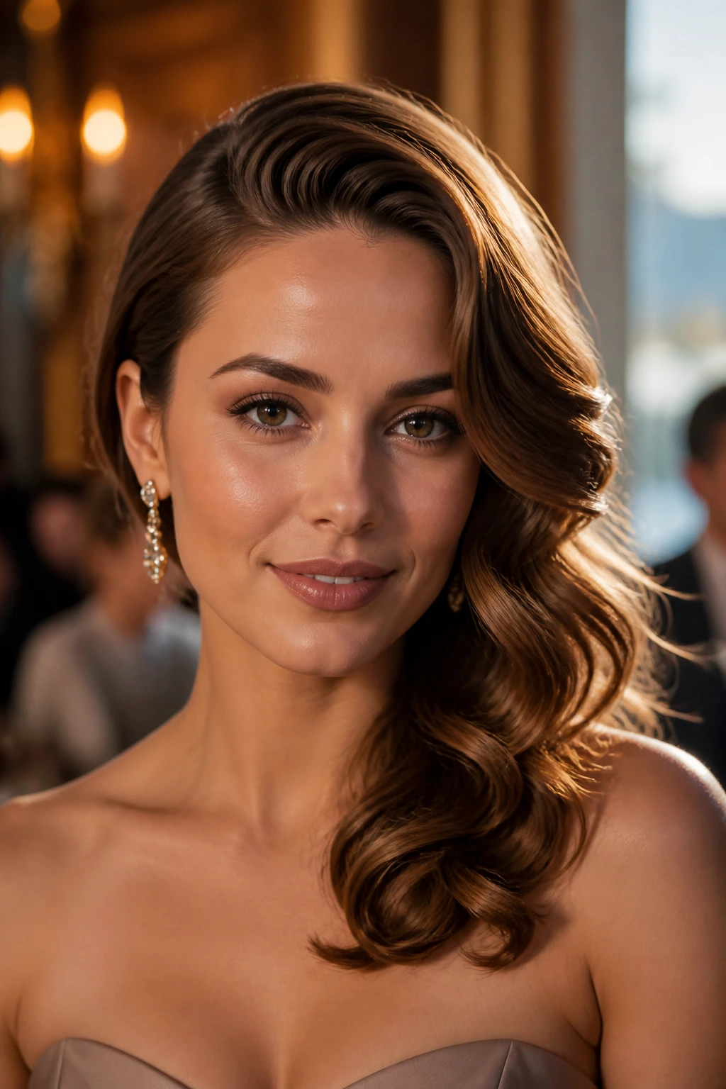 Real woman with vintage side-swept waves over one shoulder.